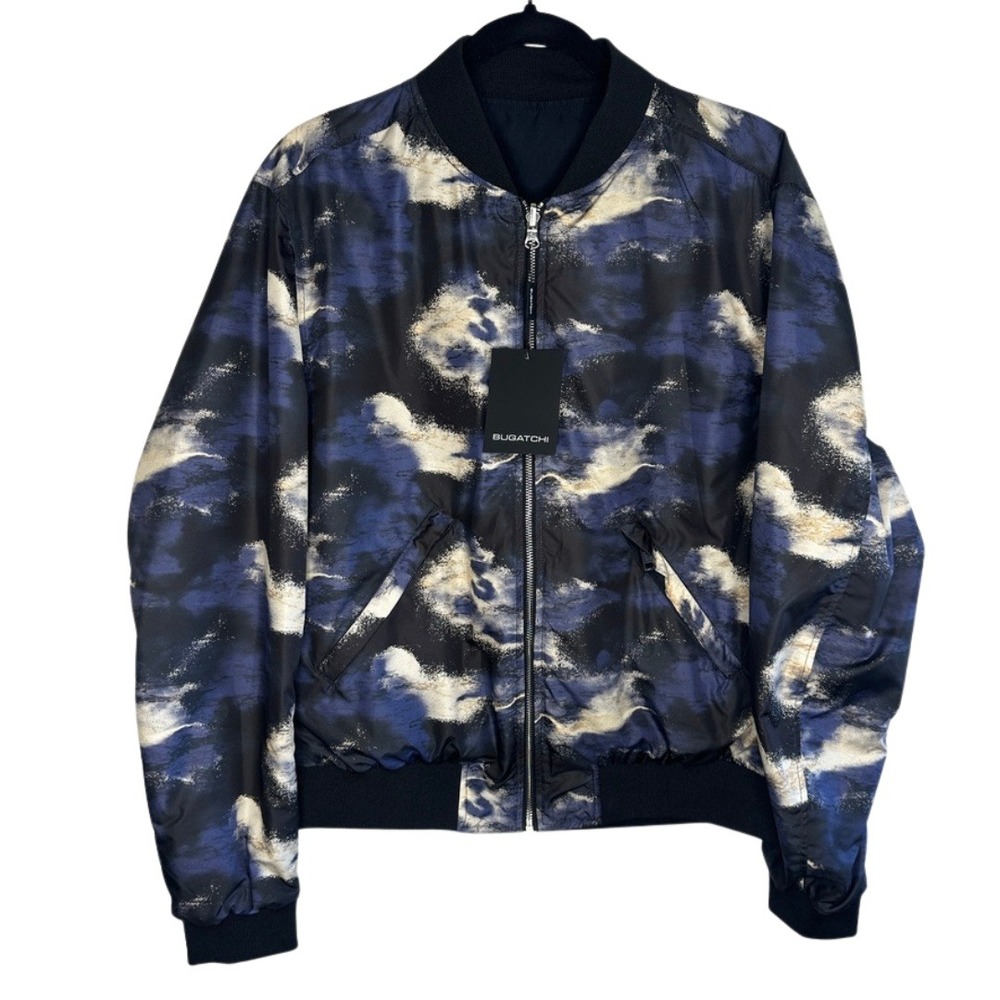 $399 BUGATCHI Reversible‎ Bomber Jacket Size Medium Navy Abstract Print NWT